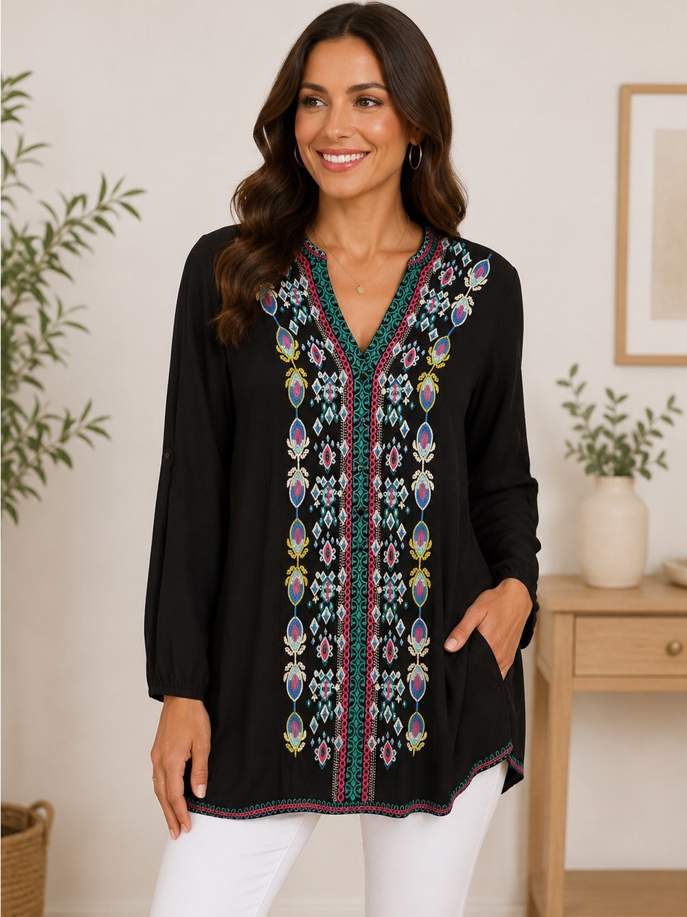 Paparazzi Black Tunic with Multicolor Embroidery